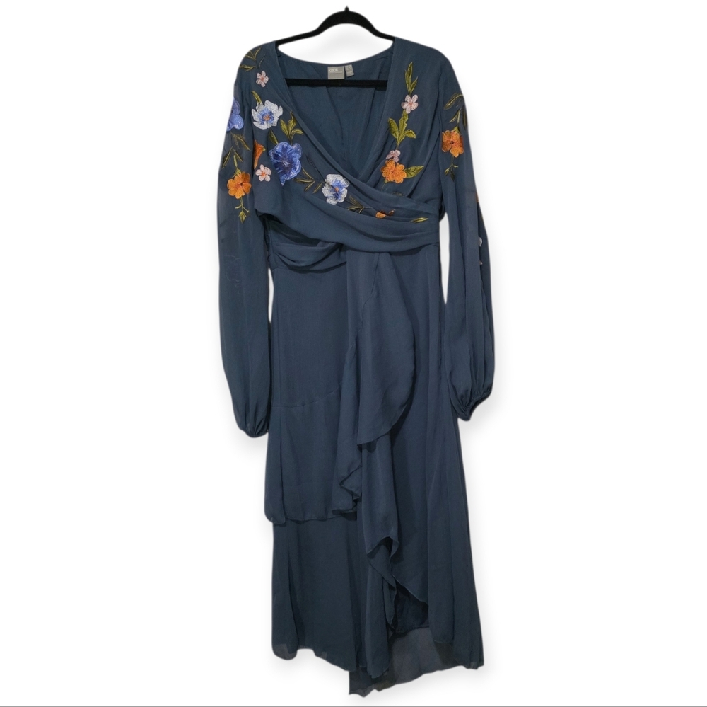 ASOS Blue Floral Embroidered Wrap Style Midi Dress US 12 - Picture 3 of 6